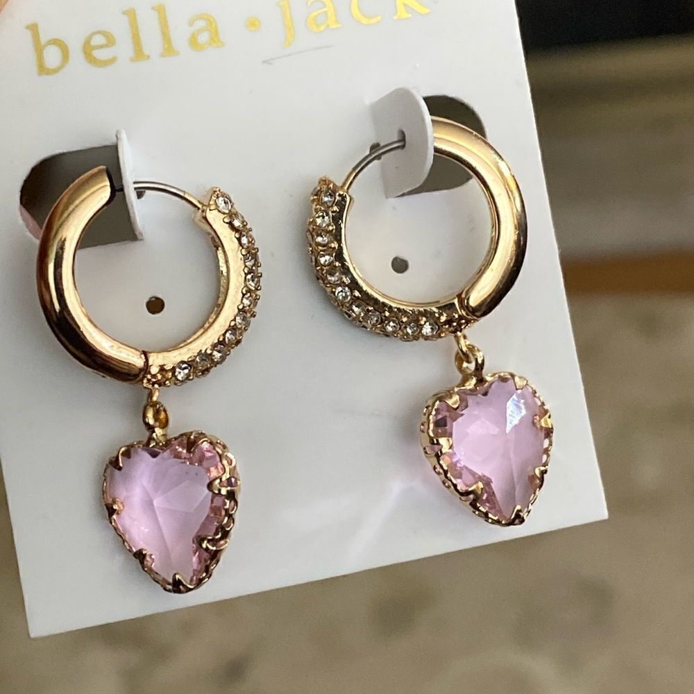 NEW! Bella Jack Gold Tone Pink Heart Crystals Dangle Earrings